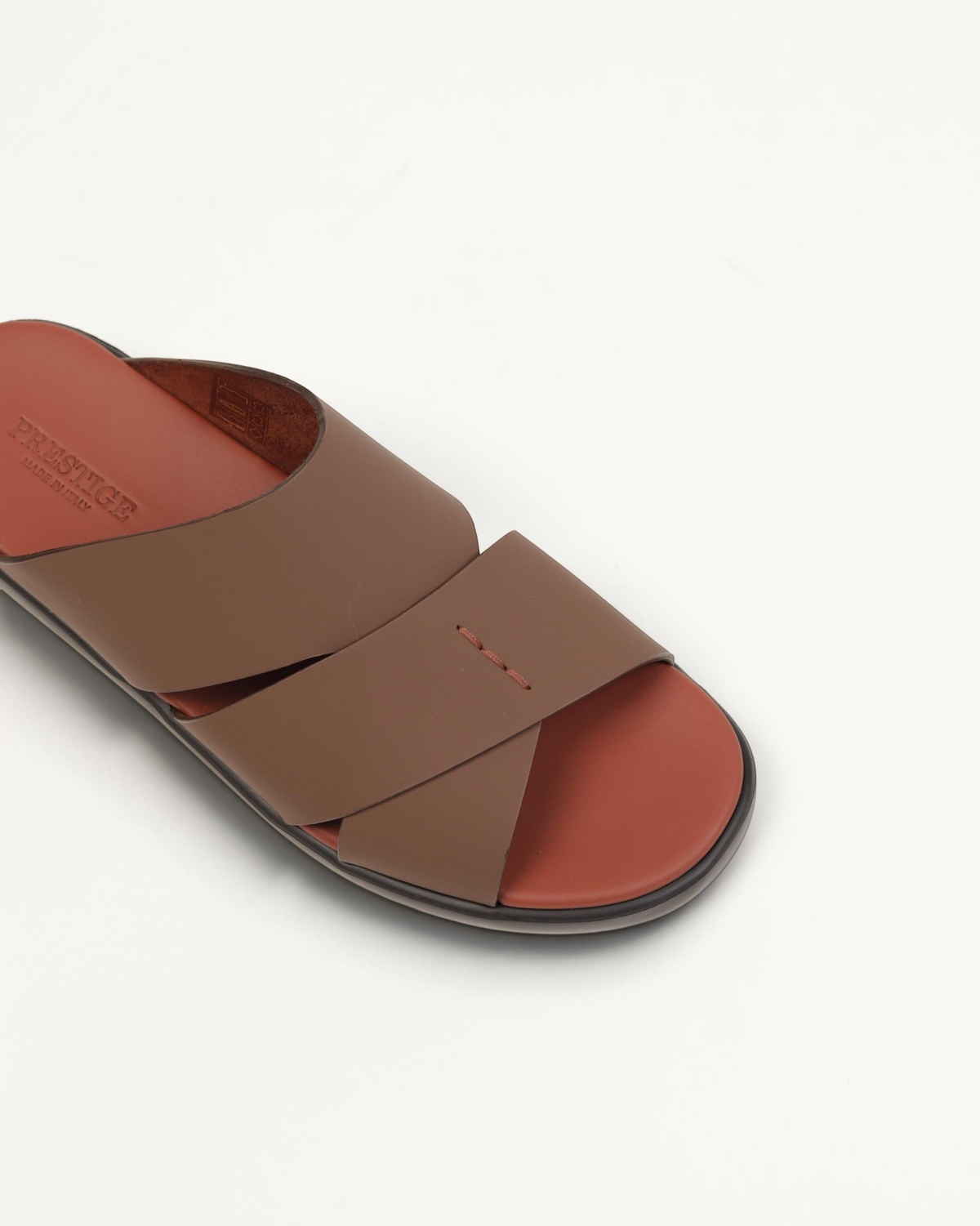 Prestige PG-XL3 Lord Gommato wood brown leather slide sandals with a comfortable footbed and minimalist design.
