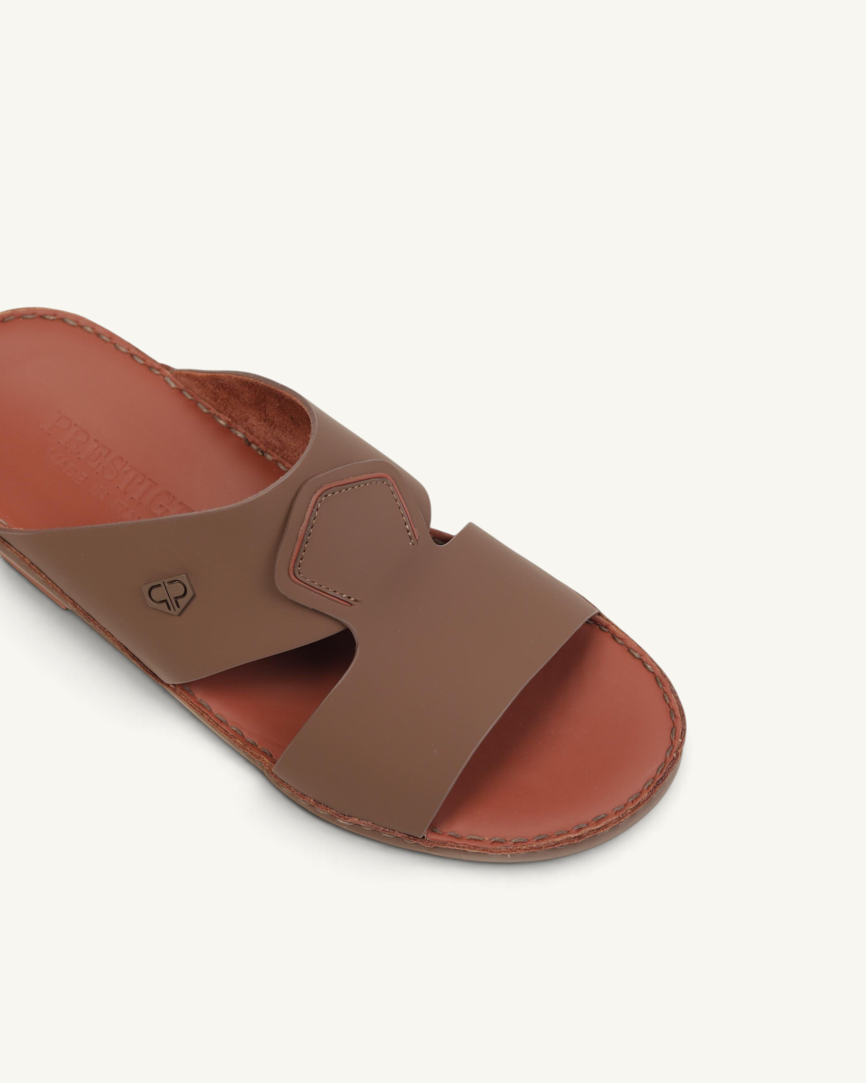 Prestige P3436 VINTAGE LUX MATT wood brown leather slide sandals with a cutout strap design and embossed logo detail.