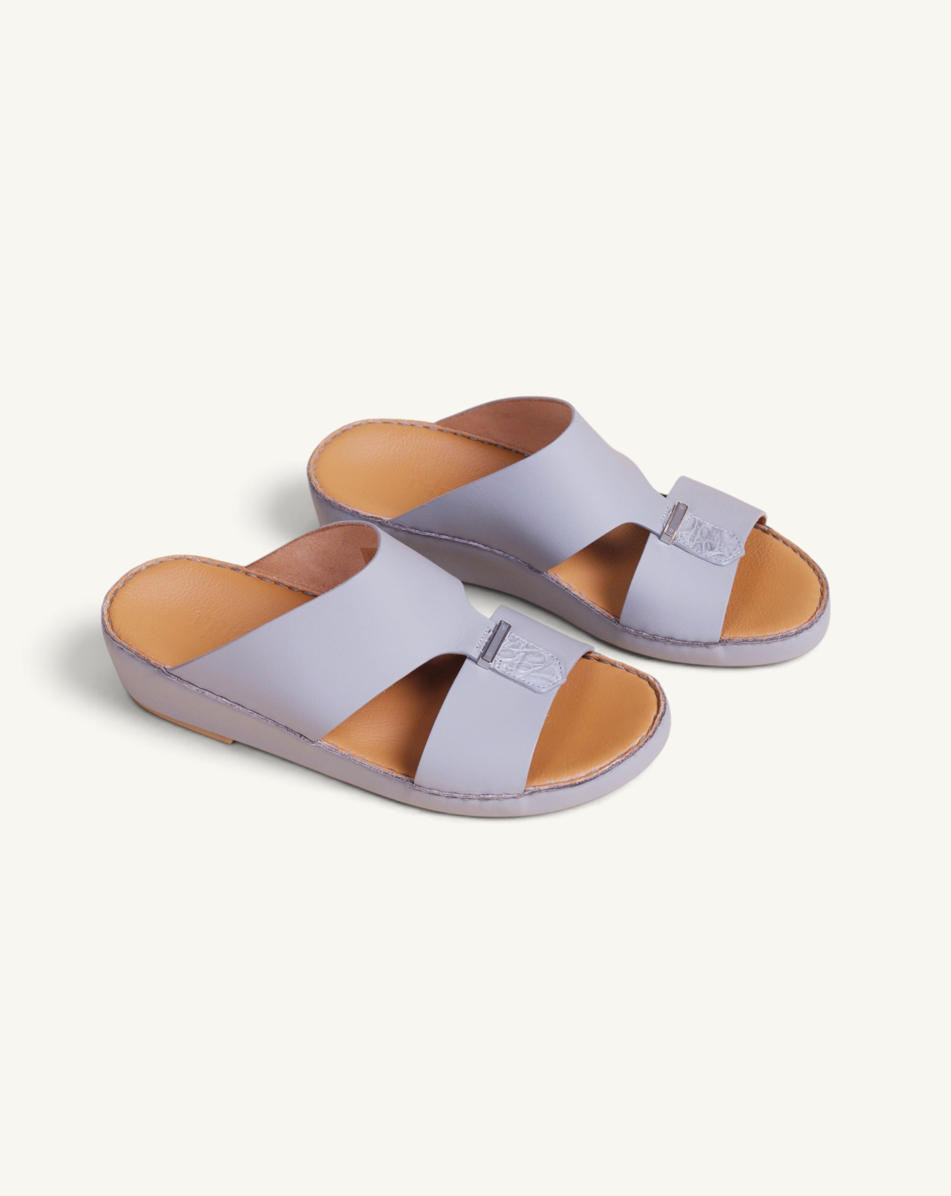 Prestige P3301 Le Mans zinc grey leather slide sandals with crocodile texture detail and tan leather footbed